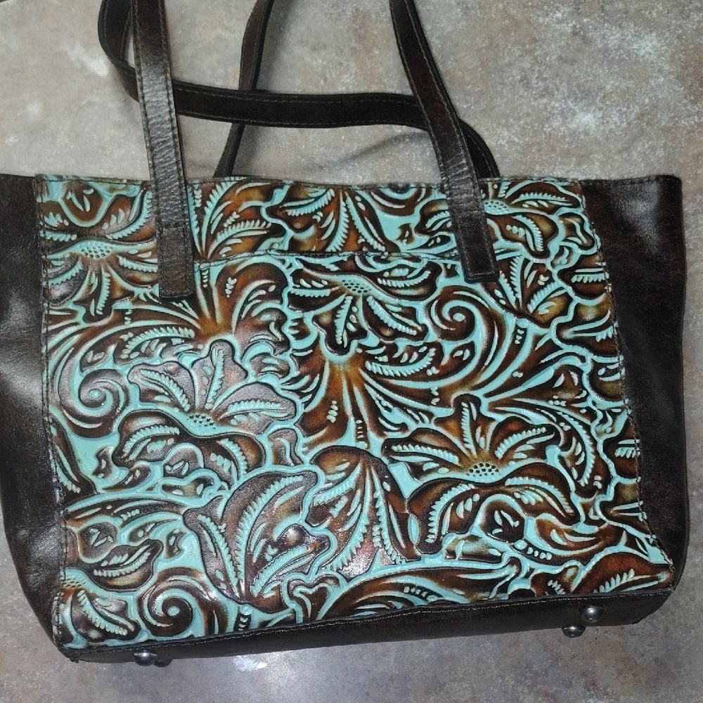 Patricia Nash Turquoise and Brown Embossed Tote